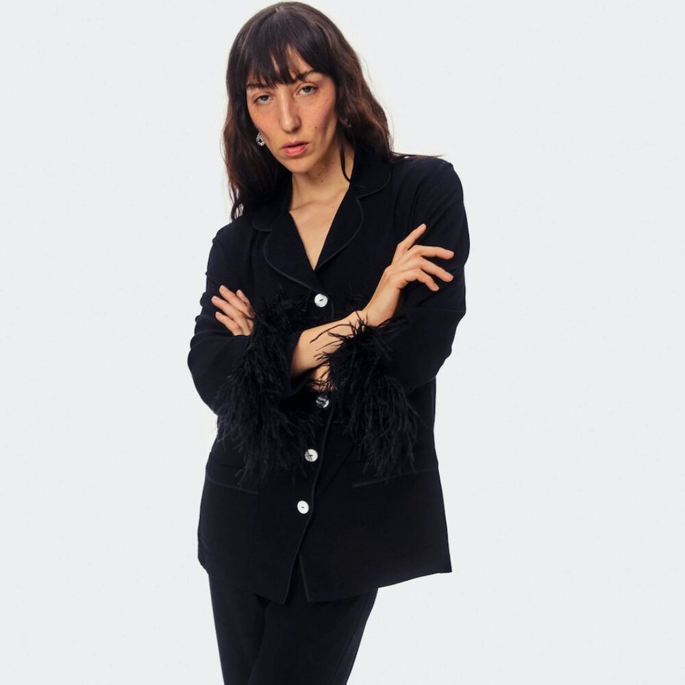 Daily Sleeper Women's Ostrich feather trimmed black pyjama set - size S